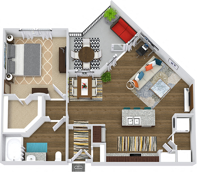 Floor plan for 1 bed, 1 bath, 820 sqft